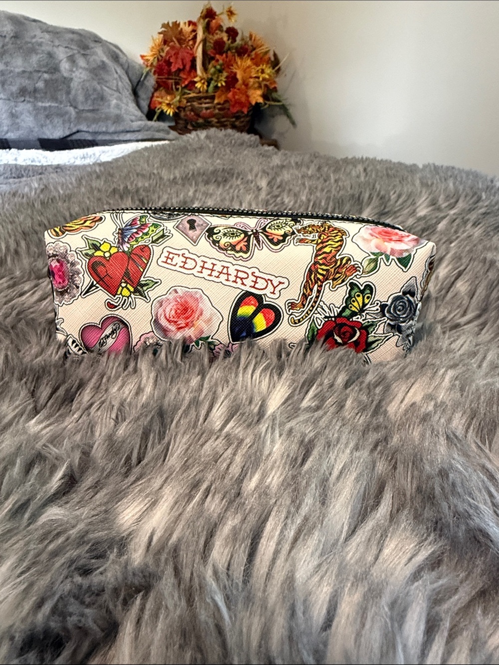 Ed Hardy Cream Tattoo-Print Makeup Pouch with Multicolor Accents